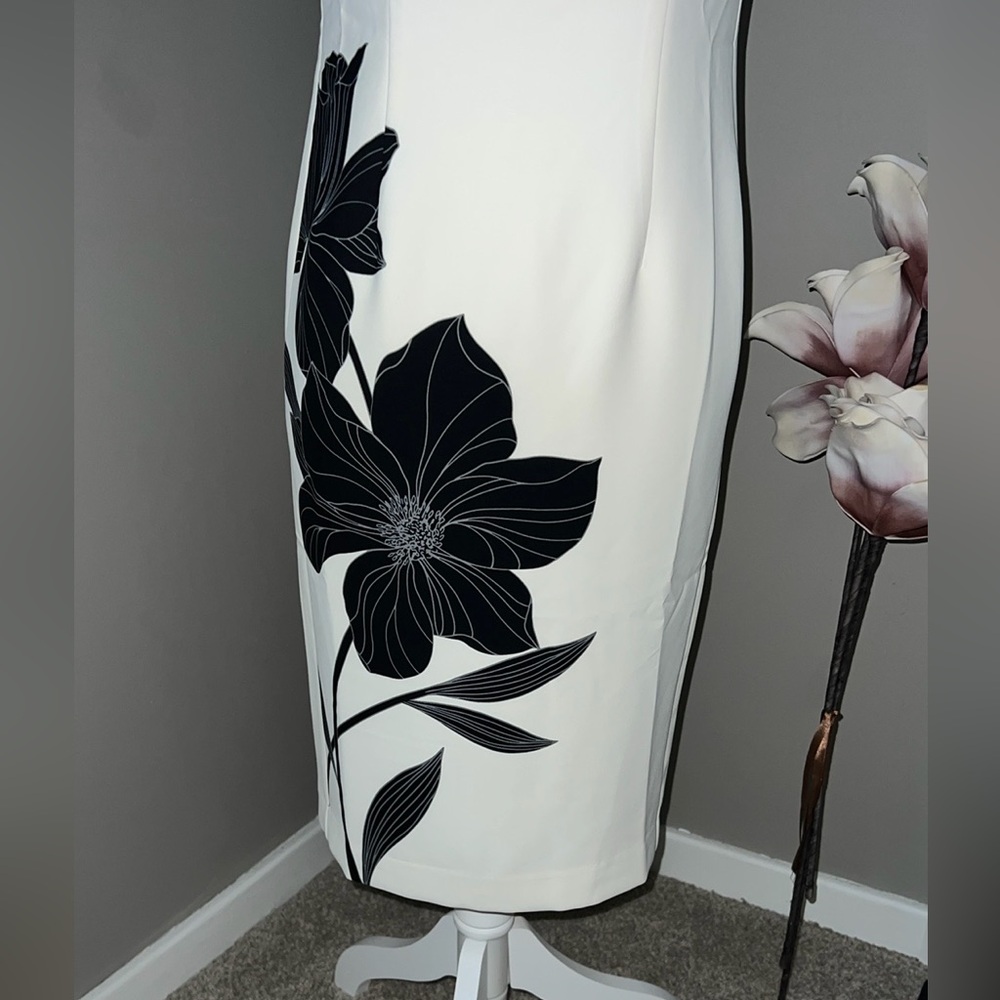 NWT ✨Ann Taylor White Midi Dress with Black Floral Motif Size 00 Petite - Picture 5 of 7